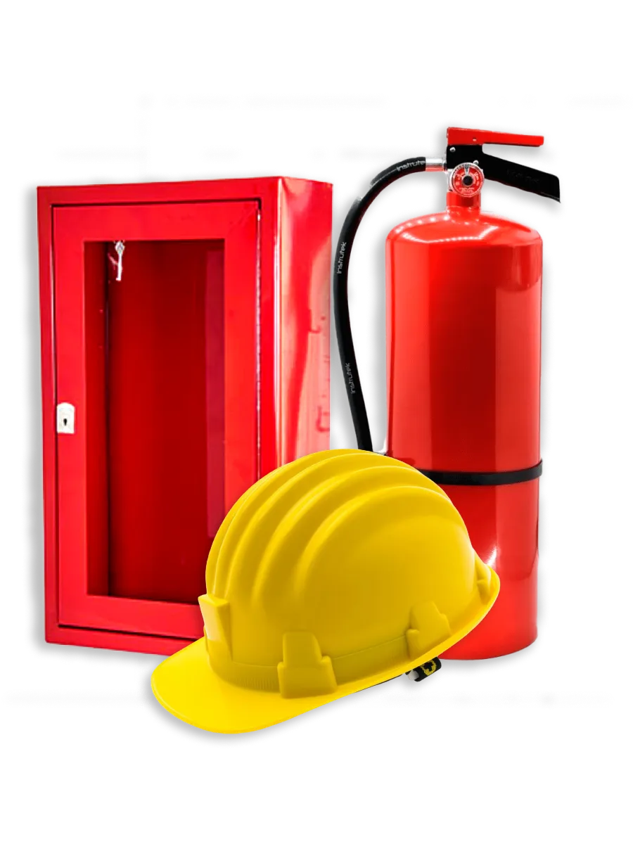 Extintor rojo vibrante junto a equipo de seguridad industrial para la prevención y combate de incendios en empresas y hogares.
