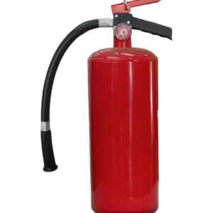 Extintor de seguridad para combatir incendios cargado con polvos químicos secos.
